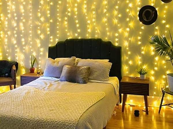 Curtain String Lights in Decorate a Long Rectangular Bedroom