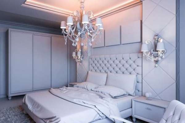 Chandelier Light in White And Silver Bedroom
