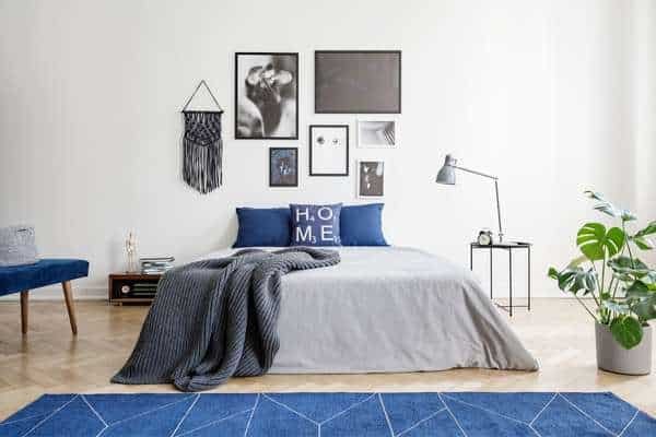 Grey Bedroom with Blue Accessories