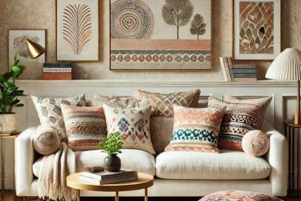 Incorporating Patterns and Prints for Interest For Cream Sofa