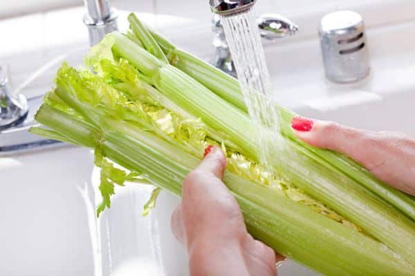 Wash the celery to Make Celery Juice in a Blender